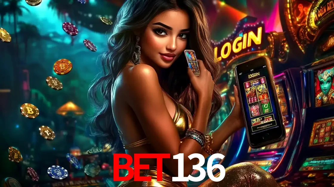 Mulher em um cenário de cassino temático de aventura, mostrando o app de caça-níqueis da BET136 no celular. Fichas de apostas flutuam ao redor.