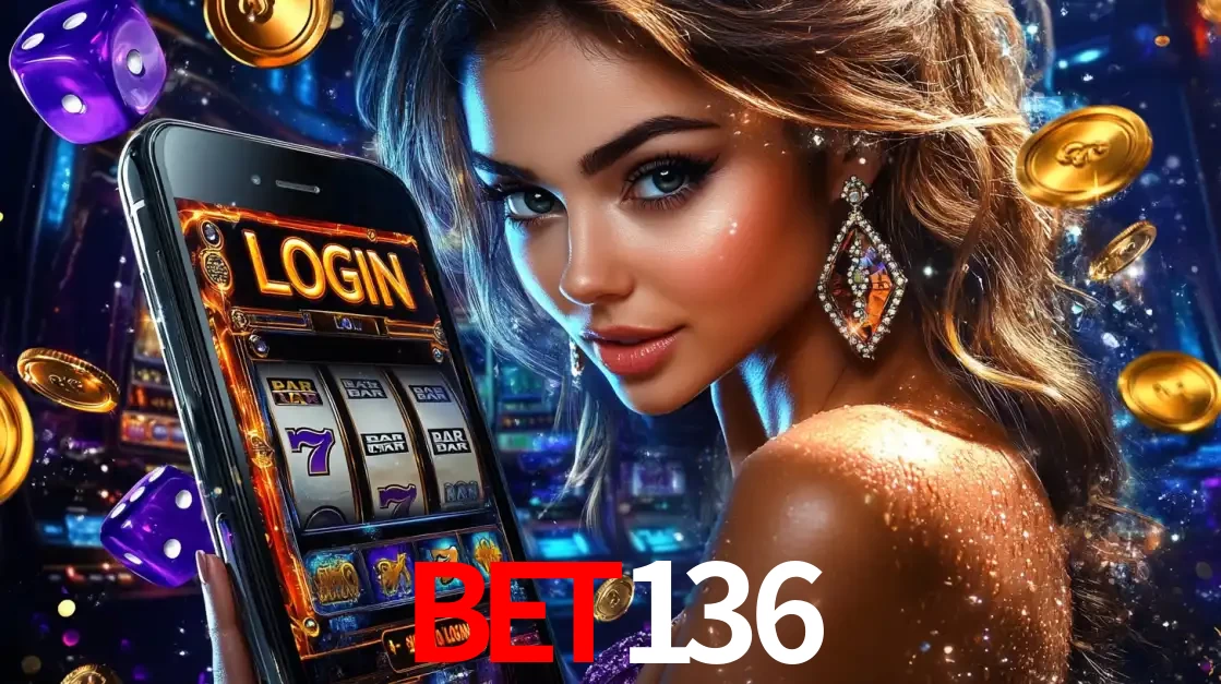 Mulher glamorosa segurando um smartphone com a tela de login para os jogos de caça-níqueis do cassino online BET136, com moedas de ouro e dados ao redor.