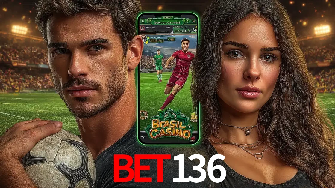 Homem segurando uma bola de futebol e uma mulher ao lado de um smartphone exibindo o jogo de apostas esportivas da BET136. Faça seu palpite no cassino online.